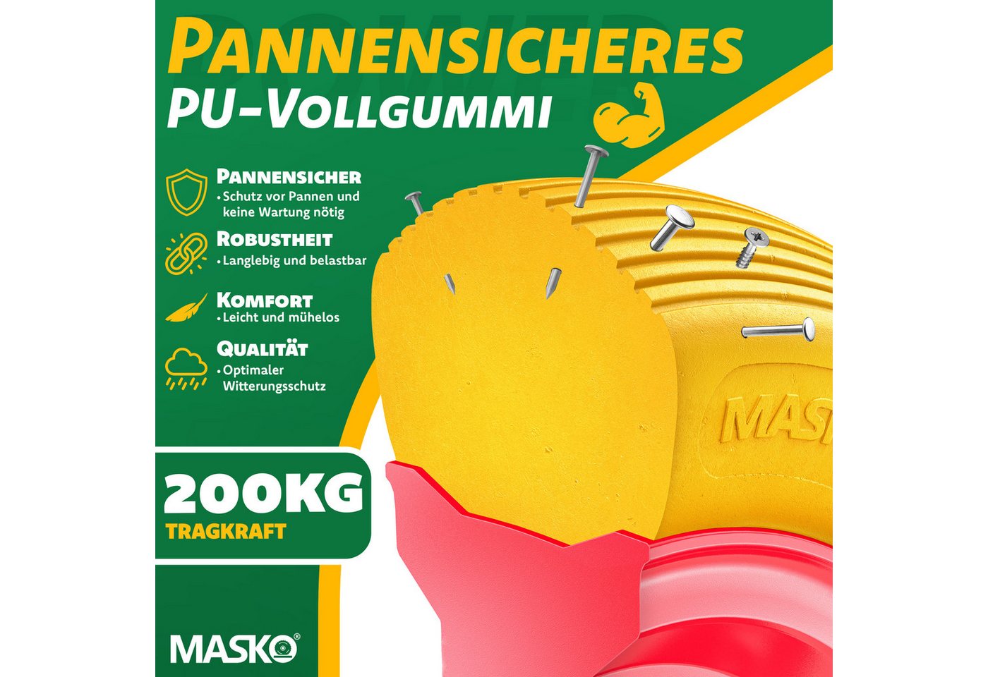 MASKO® PU Schubkarrenrad Vollgummi 200 kg pannensicher 4.80/4.00-8 Ø 390mm inkl. Achse Ersatzrad Gummirad Stahlfelge Reifen pannensicher für Schubkarre Gartenkarren pannensicheres PU Rad
