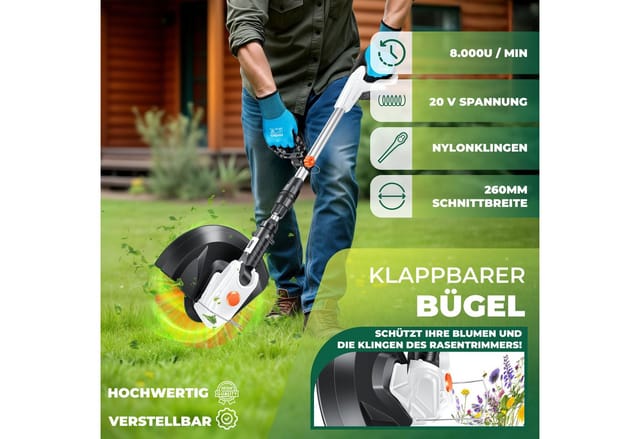 MASKO® Akku-Rasentrimmer mit 20 V Li-Akku, 2,0 Ah Akku und Ladegerät, Motorsense 26 cm Schnittkreis, 180° Trimmwinkel, Teleskop-Stiel & Zusatzhandgriff, inkl. 20 Messer Kunststoffklinge