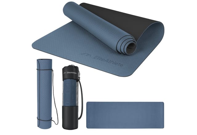 EliteAthlete® Yogamatte - Sportmatte - Fitnessmatte - Gymnastikmatte gepolstert & rutschfest für Fitness, Pilates - Yoga Matte - 183 cm x 61 cm x 0.6 cm - Trainingsmatte inkl. Transportgurt + Tasche - Dunkelblau