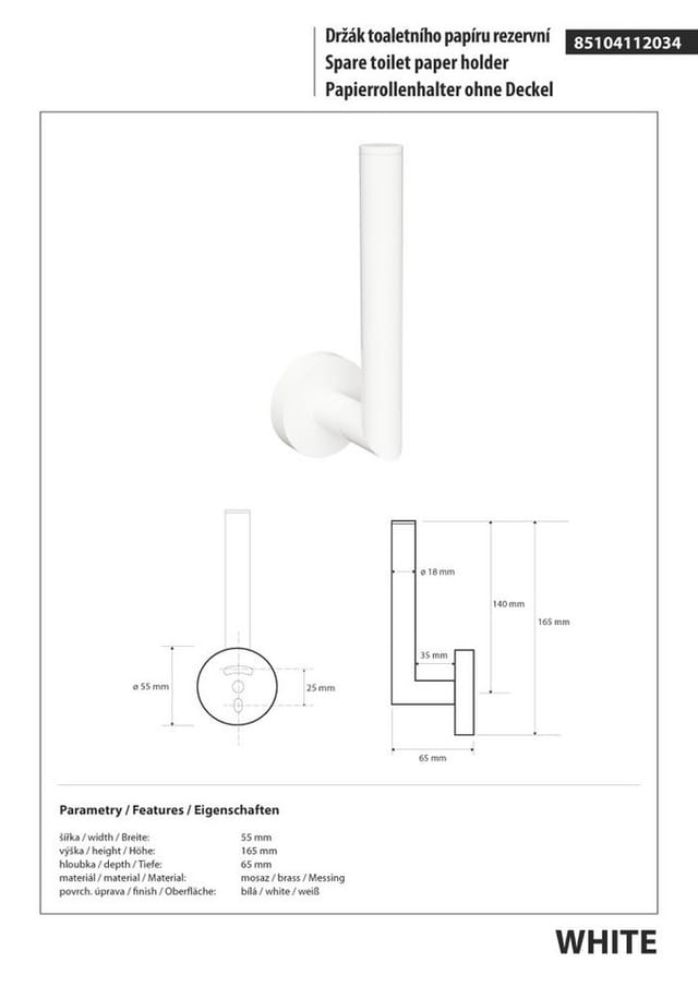 Brillantbad WHITE Reservepapierrollenhalter Messing Weiß 55x165x65 mm für Bad & WC >> zum Bohren oder Kleben*