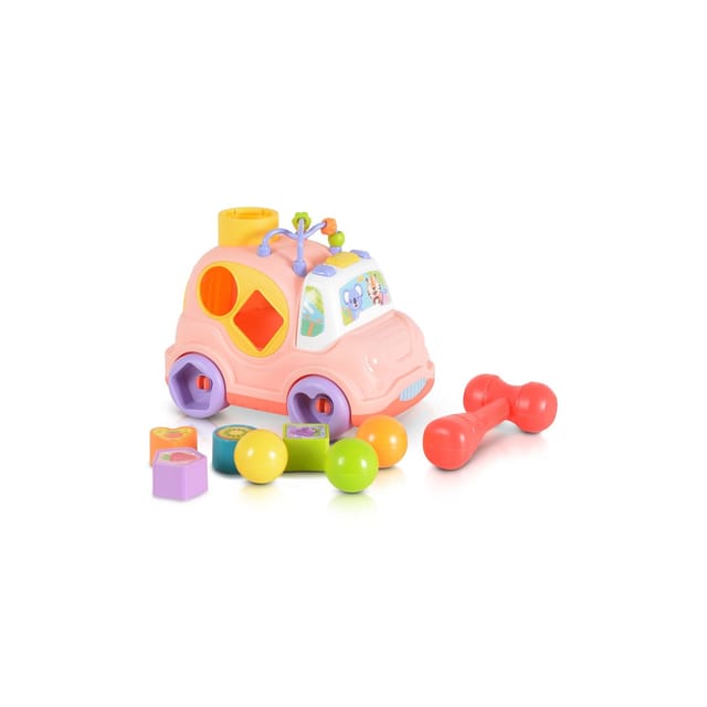 Moni Sortierspiel Auto, Musik Licht, 4 Formen, Hammer, Motorikschleife, 3 Bälle rosa