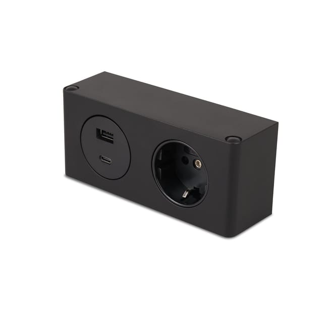 kalb 2-fach Steckdosenleiste zur Montage, 1x 230V und 2x USB Steckdosen, 140x46x62.5 mm, Anschlusskabel mit Stecker, schwarz