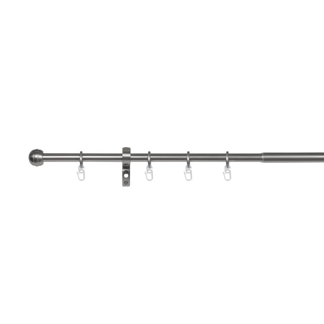 Ondeco Gardinenstange ausziehbar 1-lauf Wandmontage Endstück Ball Edelstahl-optik 16/19 mm mit Ringen Farbe: Edelstahl-Optik, Größe: 120-210 cm