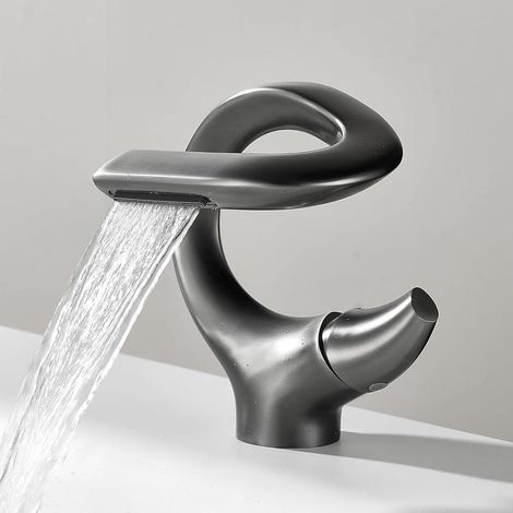 S-shaped Waterfall Faucet For Washbasin – Copper Hot/cold Water Mixer With Ceramic Valve, Water Saving, Grey