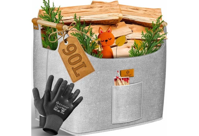 KESSER® Brennholzkorb Kaminholztasche extra dicker Filz Feuerholzkorb faltbar mit verstärkten Holzgriffen Aufbewahrungskorb für Holz, Zeitung oder Brennholz Inkl. Arbeitshandschuhen