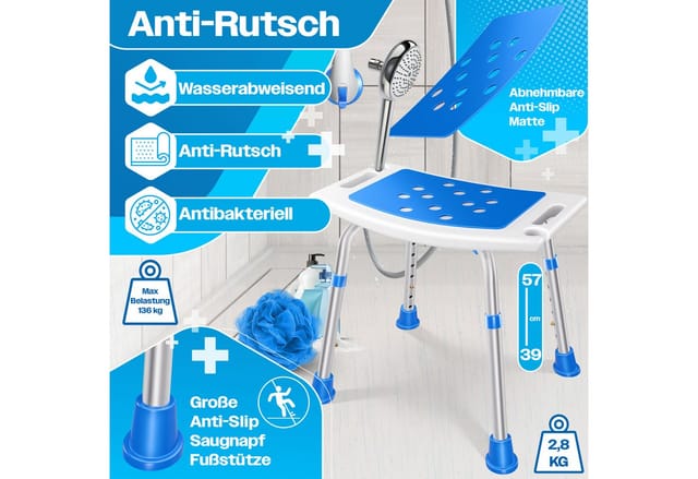 KESSER® Duschhocker höhenverstellbar Leichter Badhocker rutschfeste Gummifüße Duschstuhl 136KG belastbar Duschhilfe Senioren Saugnapf Haltegriff Badewannengriff Duschsitz mit Brausehalterung