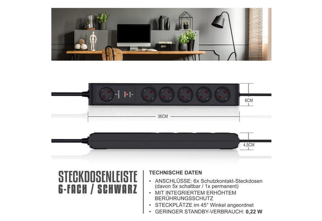 Arendo Steckdosenleiste Mehrfachsteckdose Steckerleiste 3680W, 6-fach