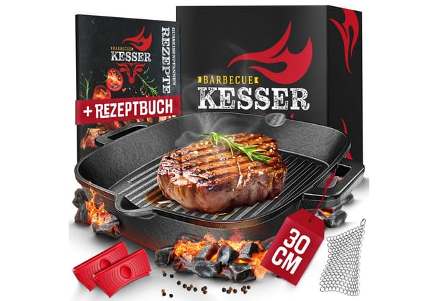 KESSER® Gusseisenpfanne Gusseisen Bratpfanne Induktion Cast Iron Pan für Gasgrill, Backofen, Kohlegrill Steakpfanne voreingebrannt Inkl. Schutzgriffe, Rezeptbuch und Ringreiniger