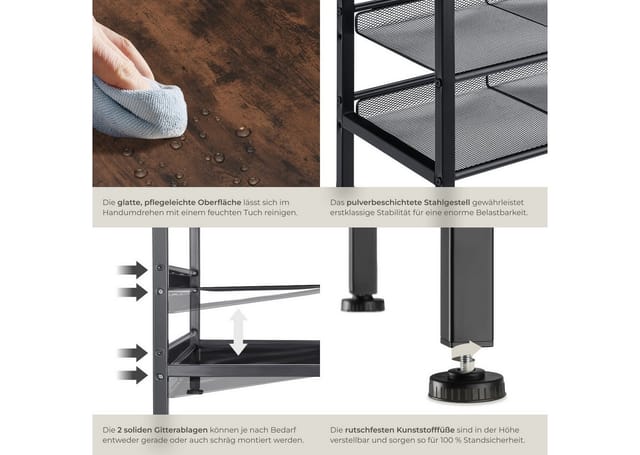 tectake® Schuhregal, Industrial Style, Ablage und 2 Gitterablagen, 75,5 x 30,5 x 45,5 cm