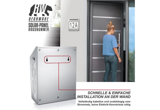 BEARWARE LED Solar Hausnummernleuchte, Wandlicht mit Nummernset, Warmweiß, PIR, Solarpanel, Ein-/Ausschalter