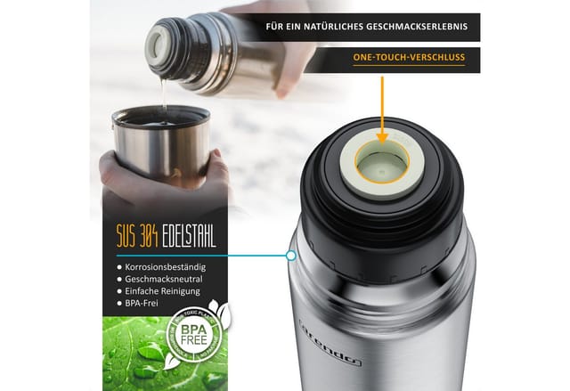 Arendo Isolierflasche 1 L, Edelstahl Thermoflasche, BPA-frei, geschmacksneutral, für unterwegs, hält kalt & warm