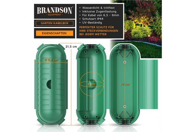 Brandson 2x Kabelbox wetterbeständige Schutzbox für Verlängerungskabel, 210mm x 85 mm Garten outdoor IP44 wasserdichte Safe Box, grün