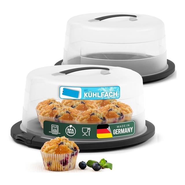 Novaliv 2x Kuchen-Transportbox mit Kühlfach und Muffin-Behälter (Rund 38 x 33,5 x 17,5 cm), Aufbewahrungsbox mit Deckel für Kuchen & Torten, Tortentransportbox Tortenbehälter Tortenglocke