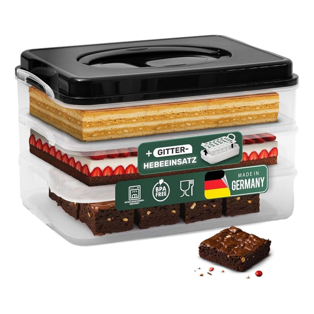 Novaliv Kuchen-Transportbox mit drei Etagen und Deckel und Einlage (Rechteckig 40 x 30 cm) Aufbewahrungsbox mit Sicherheitsverschluss Party-Box Container Tortentransportbox Tortenbehälter