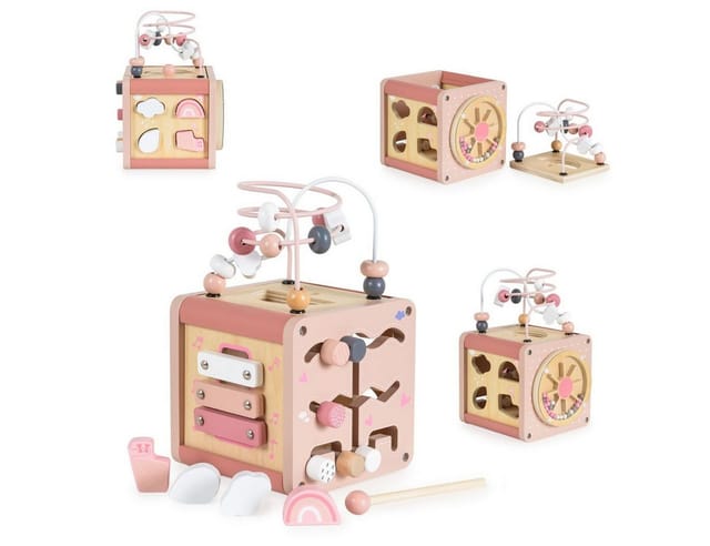 Moni Aktivitätswürfel Holz W11B316, Sortierspiel, Xylophon, Labyrinth, Motorik rosa