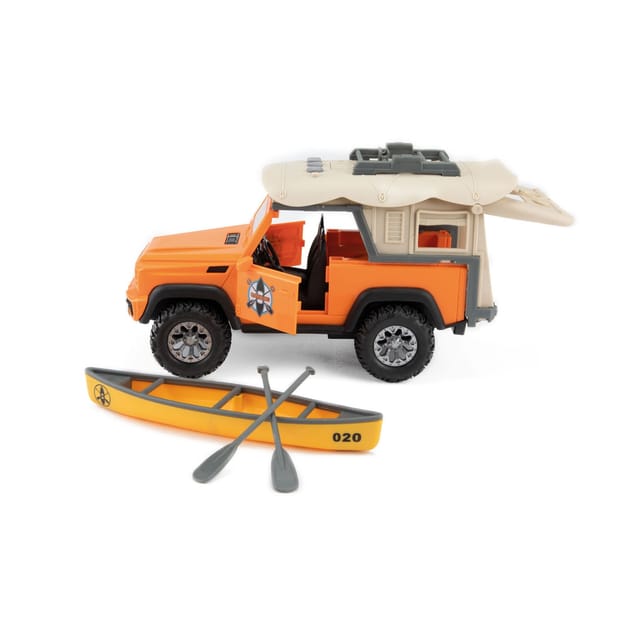 Toi-Toys VEHICOOL 4x4 Geländewagen mit Dachzelt & Kanu, Licht, Sound & Friktionsmotor
