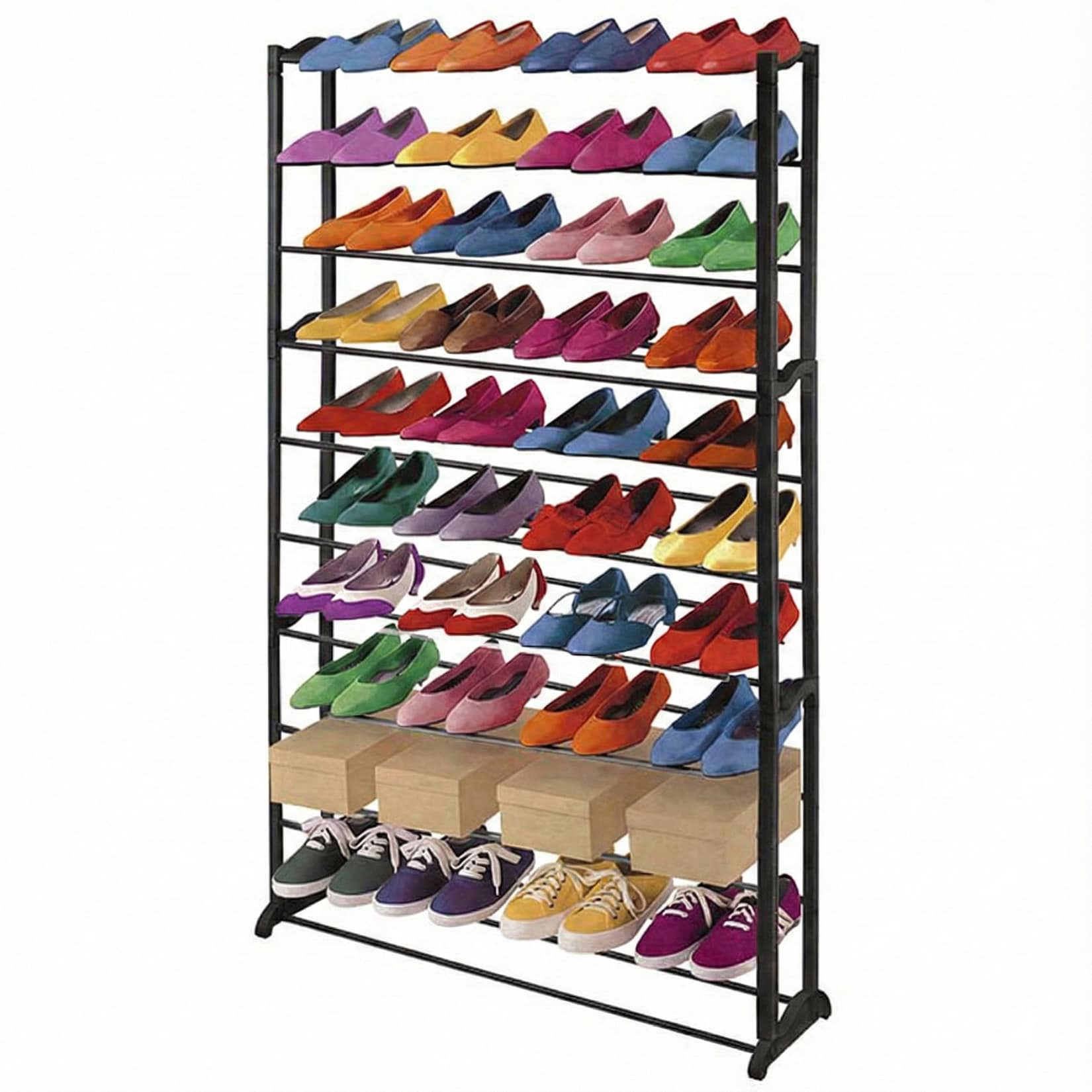 Schuhregal Schuhablage, Kunststoff, Metall Querstreben, für 40 Paar Schuhe ~ schwarz