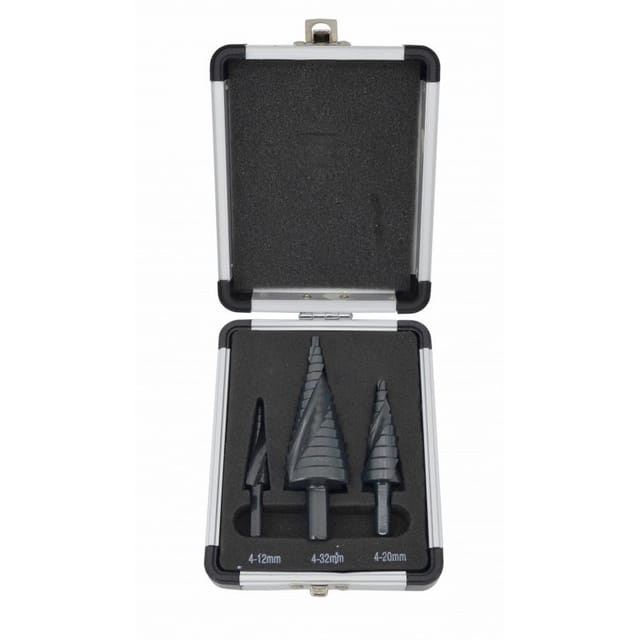 AWTOOLS STUFEN-SPIRALBOHRSET 3-teilig / 4-12 4-20 4-39mm / AICrN / SCHWARZ / KUNSTSTOFFKOFFER.