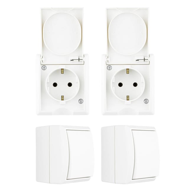4tlg. Feuchtraum Steckdose Schalter Starter Set Weiß REV RITTER AquaForm Aufputz