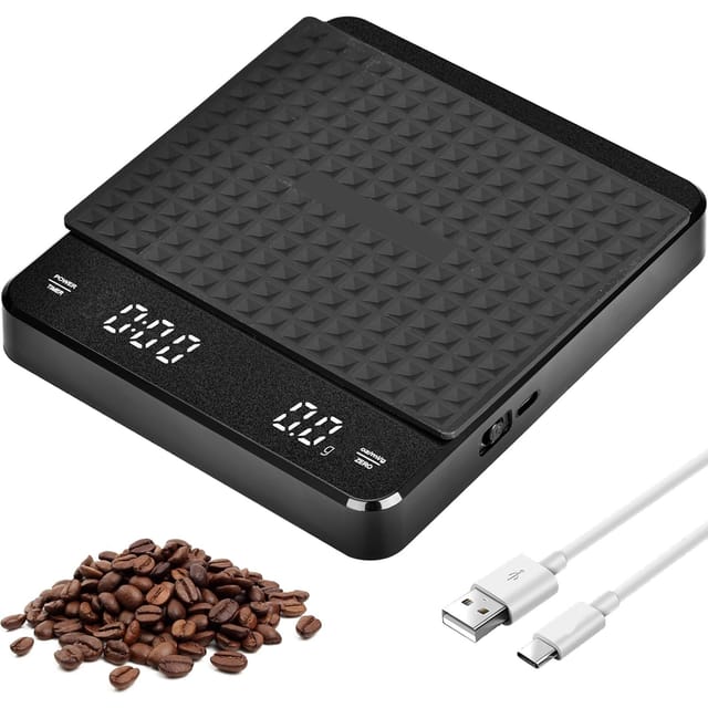 Digitale Kaffeewaage mit Timer und wasserdichter Isoliermatte, wiederaufladbare elektronische Küchenwaage per USB, maximale Tragkraft: 3 kg