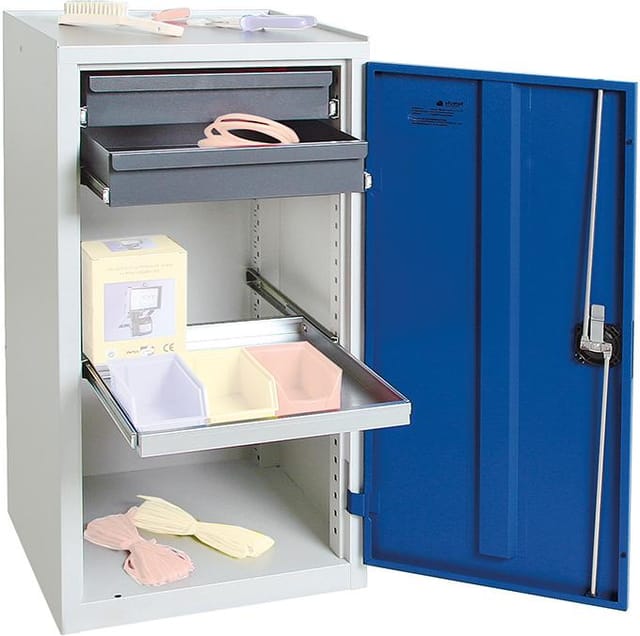 Werkzeug- und Materialschrank Serie 3000 lichtgrau / enzianblau + 2 Schubladen 100 mm + 1 Auszugsboden - 3001274 - Stumpf