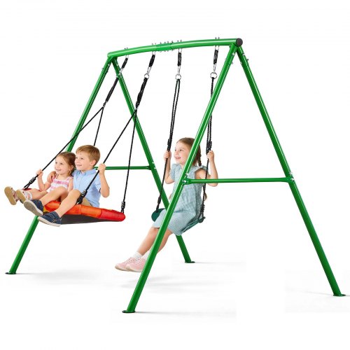 Gartenschaukel Mit A-förmigem Metallgestell, Doppelschaukel (1 Tellerschaukel & 1 Gurtschaukel), Bis Zu 199,6 Kg Tragkraft, Schaukelset Outdoor, Verstärkt Mit Spiralförmigen Bodenankern