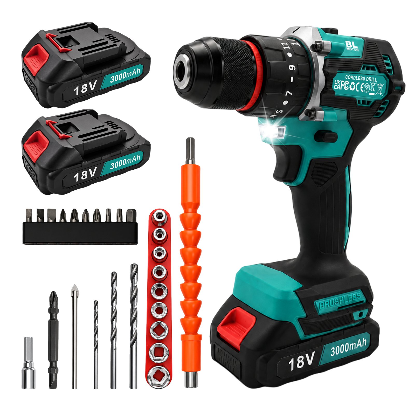 18-v-akku-bohrschrauber, Bürstenloser Motor, 3 Funktionen Und 25+3 Einstellstufen, Integrierte Led, 2 Akkus À 3000 Mah, Zubehörset Für Holz, Metall, Wand Und Fliesen