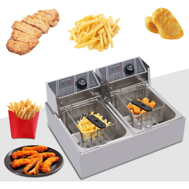 2 X 6l Edelstahl Fritteuse, Profi Elektrische Fritteuse 5000w 60℃-200℃, Öl-friteuse Fritöse Mit 2 Körbe, Für Pommes Oder Snacks, Doppeltank Fritteuse Für Küche Gewerbliches Restaurant