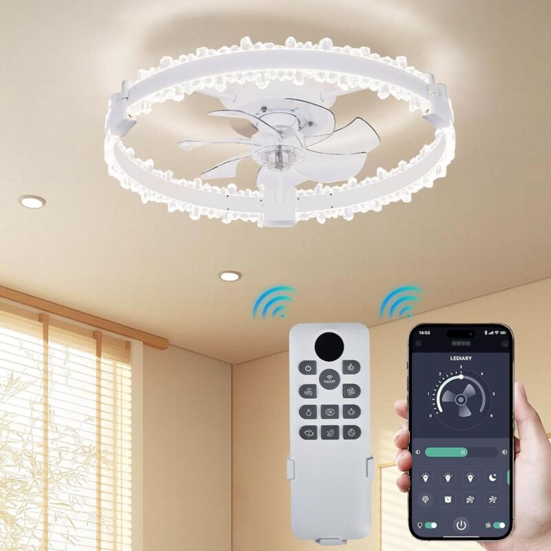 Leiser 15-w-deckenventilator, 7 Runde Flügel Mit Led-beleuchtung, Fernbedienung Und App-steuerung, Timer, Weißer Acrylring