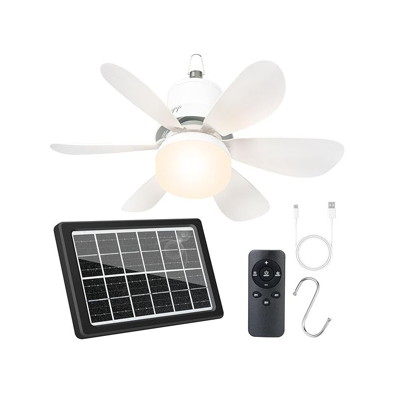 Tragbarer Solar-deckenventilator (47 Cm), 3 Farben, 5 Helligkeitsstufen, 3 Geschwindigkeitsstufen, 2/4/8-stunden-timer, Speicherfunktion, Leise (30 Db), Ideal Für Camping