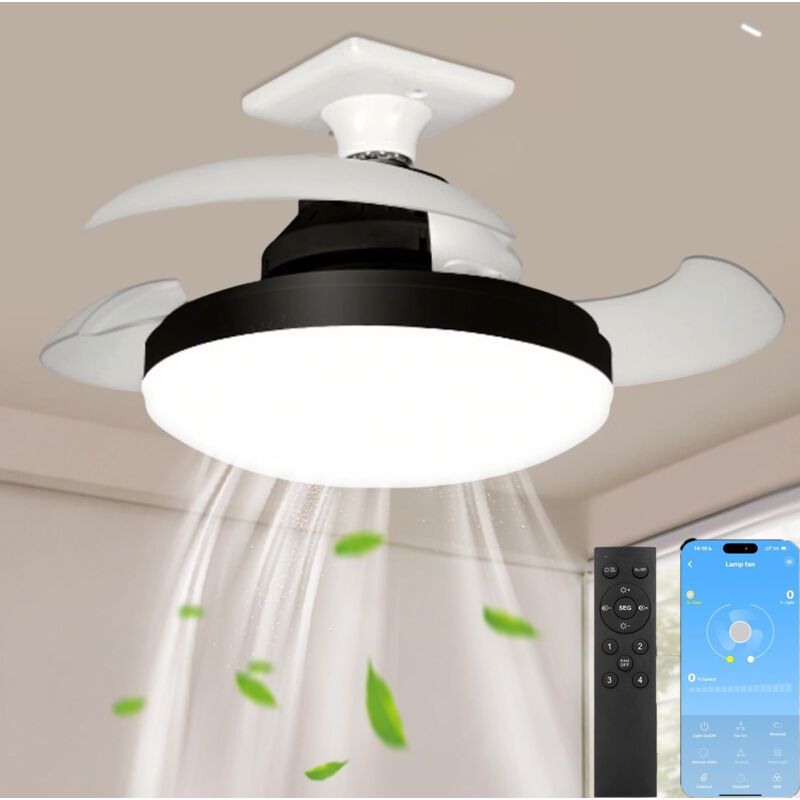 Schwarzer 38-cm-deckenventilator, Einziehbare Flügel, Fernbedienung, 4 Geschwindigkeitsstufen, App-steuerung