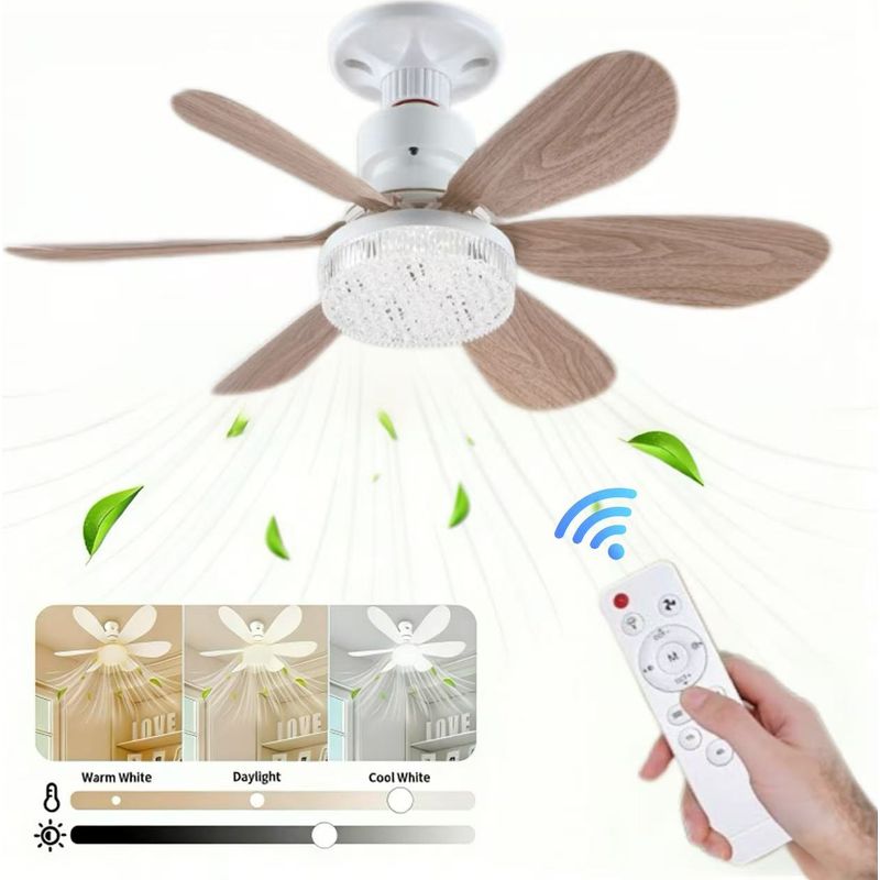 Dreifarbiger Led-deckenventilator, 6 Flügel, Variable Helligkeit, 3 Geschwindigkeitsstufen, E27-fassung, 40 W, 52 Cm