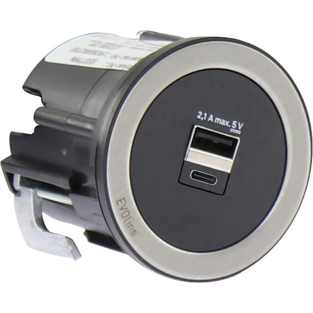 Evoline One USB-Charger 2-fach Typ A+C, mit Abdeckring, KS schwarz/Edelstahl
