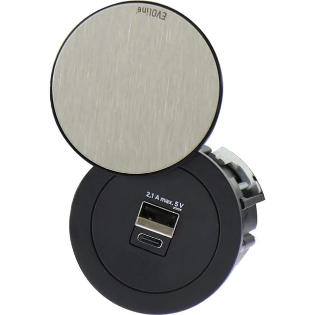 Evoline - One USB-Charger 2-fach Typ a+c, mit Drehdeckel, ks schwarz/Edelstahl