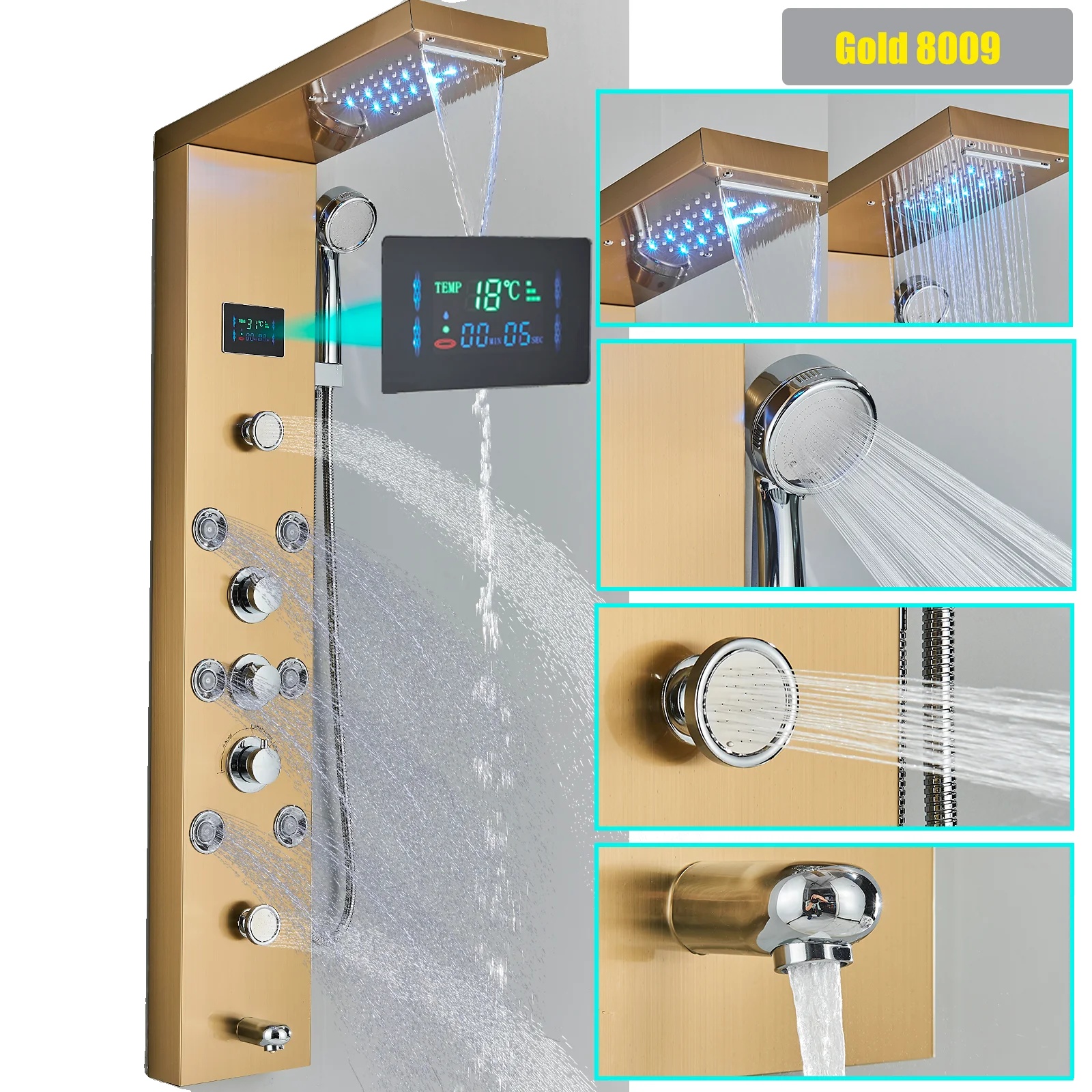 Duschpaneel, Multifunktional, Modernes Design, Gold 8009