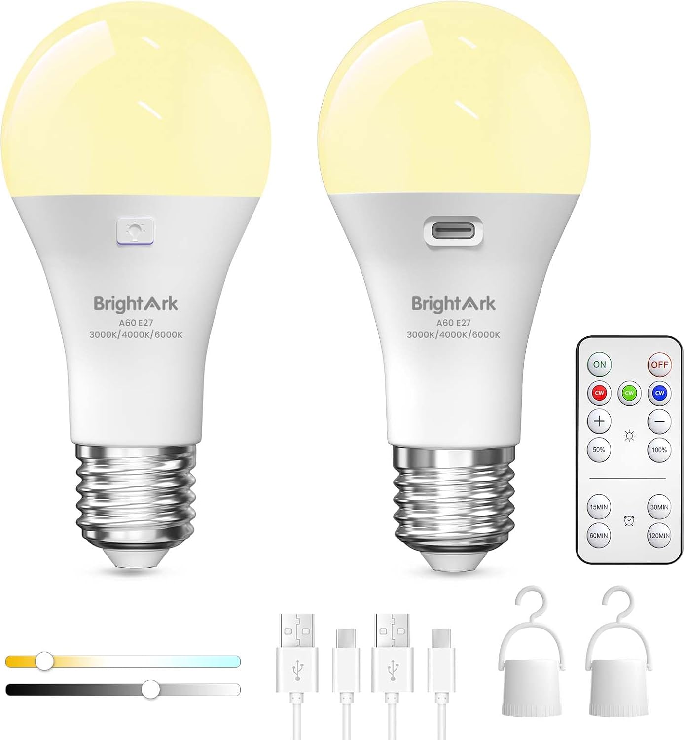 2 Wiederaufladbare E27-glühbirnen Mit Usb-anschluss Und Fernbedienung, 3 Dimmbare Farbtemperaturen, Wiederaufladbare Led-batteriebirne Mit Notbeleuchtungs-timerfunktion