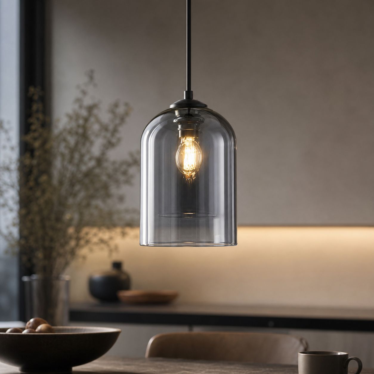 Moderne Pendelleuchte Aus Rauchglas, 150 Cm Verstellbares Kabel, Lampenschirm Ø15 X H22 Cm, Sanftes Licht, Ideal Für Küche Und Esszimmer