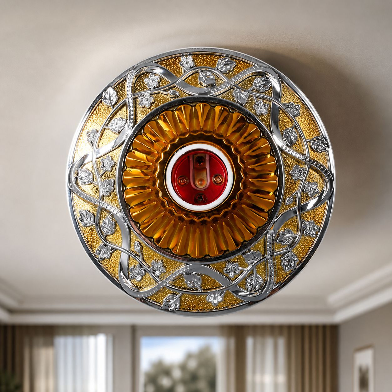 E27-fassung Mit Schalter, Europäisches Retro-design, Silber-goldenes Florales Relief, 14,7 Cm Durchmesser, Kompatibel Mit Standard-glühbirnen