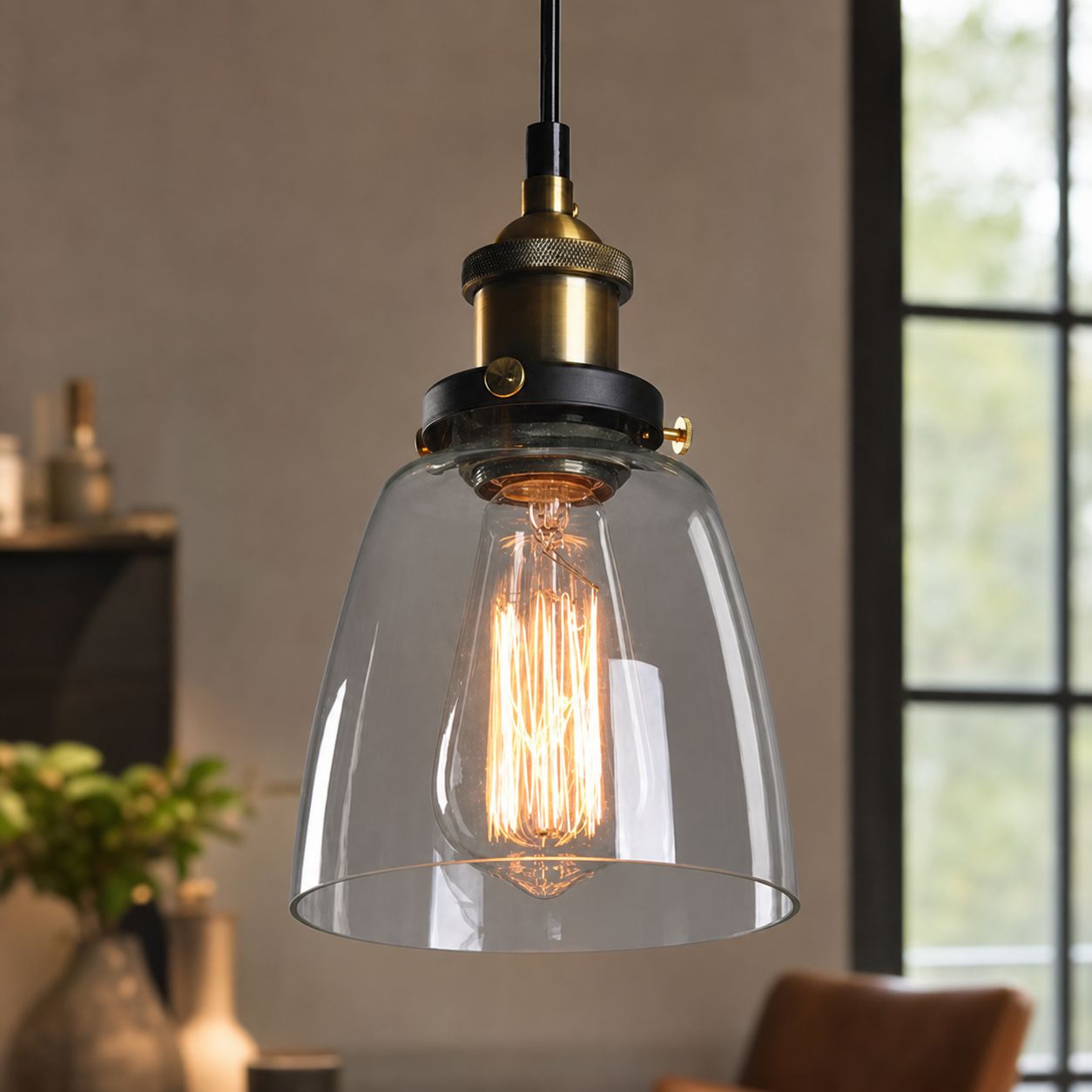 Industrielle Pendelleuchte Im Retro-stil Aus Glas, Transparenter Schirm Und Bronzefarbener Fuß, Höhenverstellbar Bis 1,5 M, Ø 14 Cm, Für Esszimmer