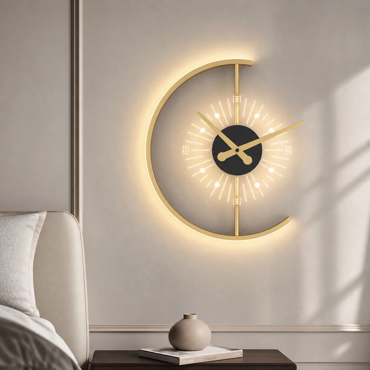 Led-wandleuchte Mit Integrierter Uhr, Modernes Design Aus Schwarzem Und Goldenem Eisen, Sanftes 42-w-licht Für Schlaf- Und Wohnzimmer, 35 X 40 Cm