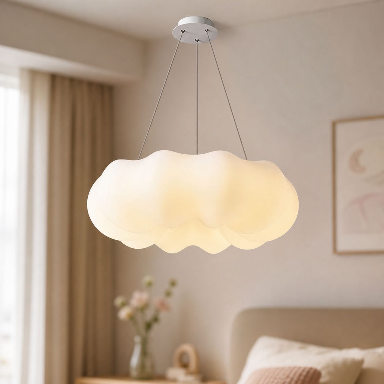 Cremefarbene Led-deckenleuchte, Kürbis- Und Wolkenmotiv, Acryl, Dimmbar Mit Fernbedienung, Ø 60 Cm, Sanftes Licht Fürs Schlafzimmer