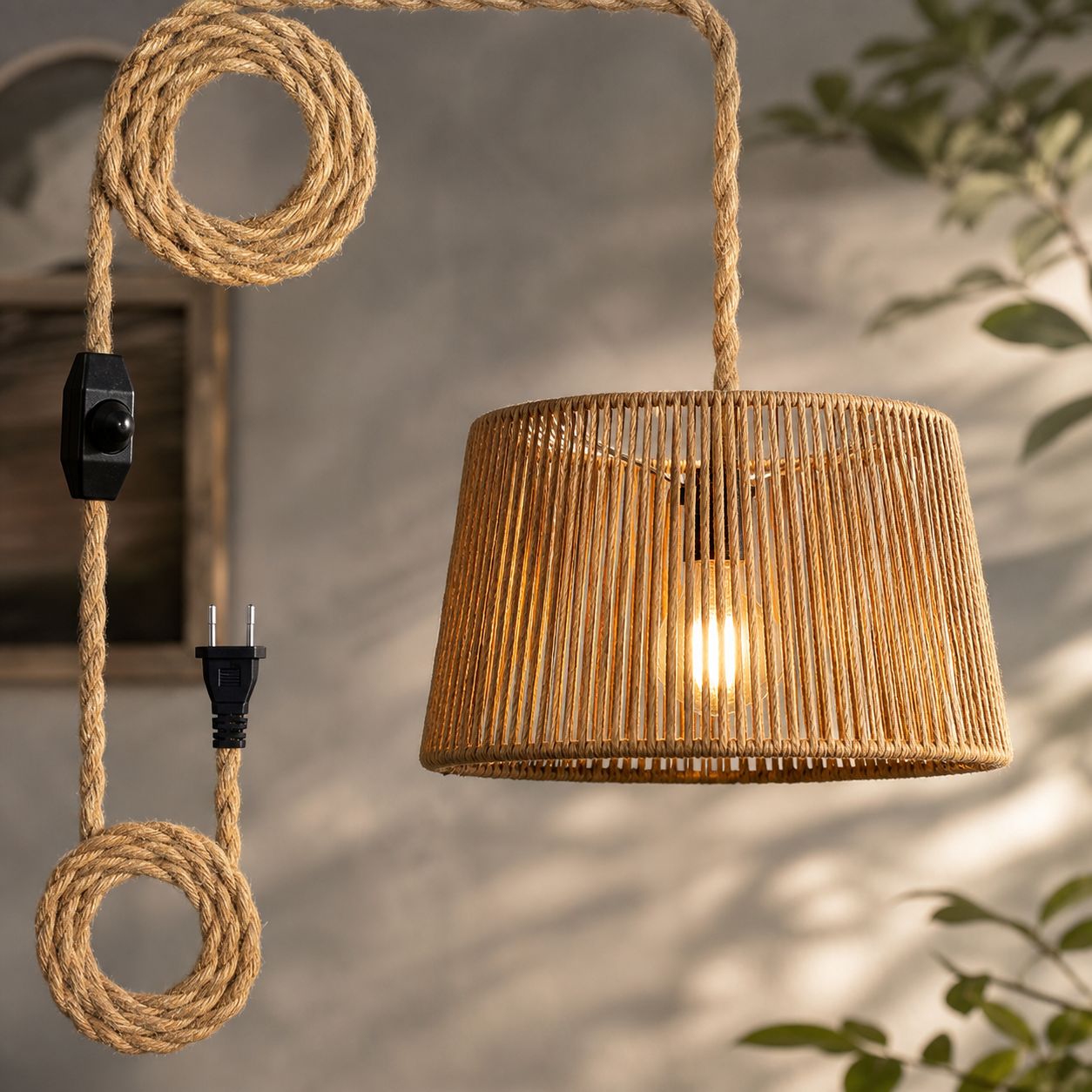 Handgeflochtene Hanfseil-pendelleuchte, Schirmdurchmesser 27,5 Cm, Integrierter Dimmer, 4,5 M Kabel, Natürlicher Bohème-stil