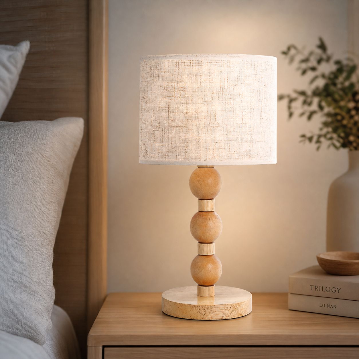 Nachttischlampe Aus Massivholz Mit Gewebtem Schirm, Nordisches Design, 32 Cm, 3-farbige Led-beleuchtung (warm/neutral/kalt), Schnurschalter