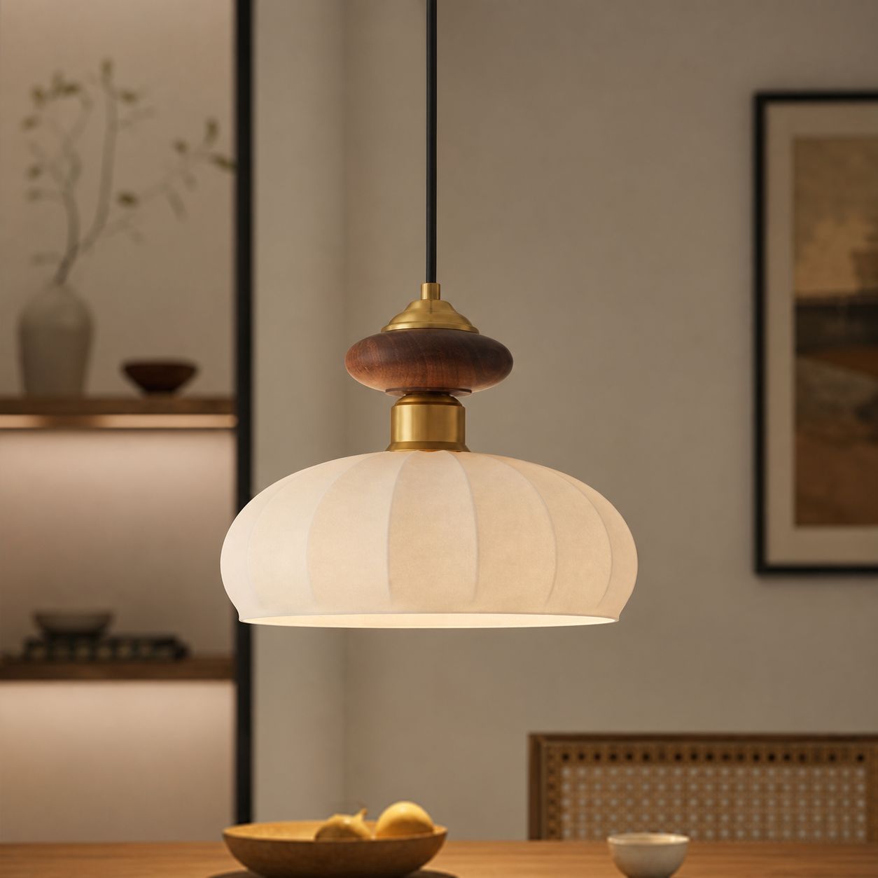Pendelleuchte Im Vintage-stil Aus Walnussholz, 25 Cm Großer, Kuppelförmiger Schirm, 20 Cm Höhe, 150 Cm Langes, Verstellbares Kabel, Sanftes, Neutrales Licht