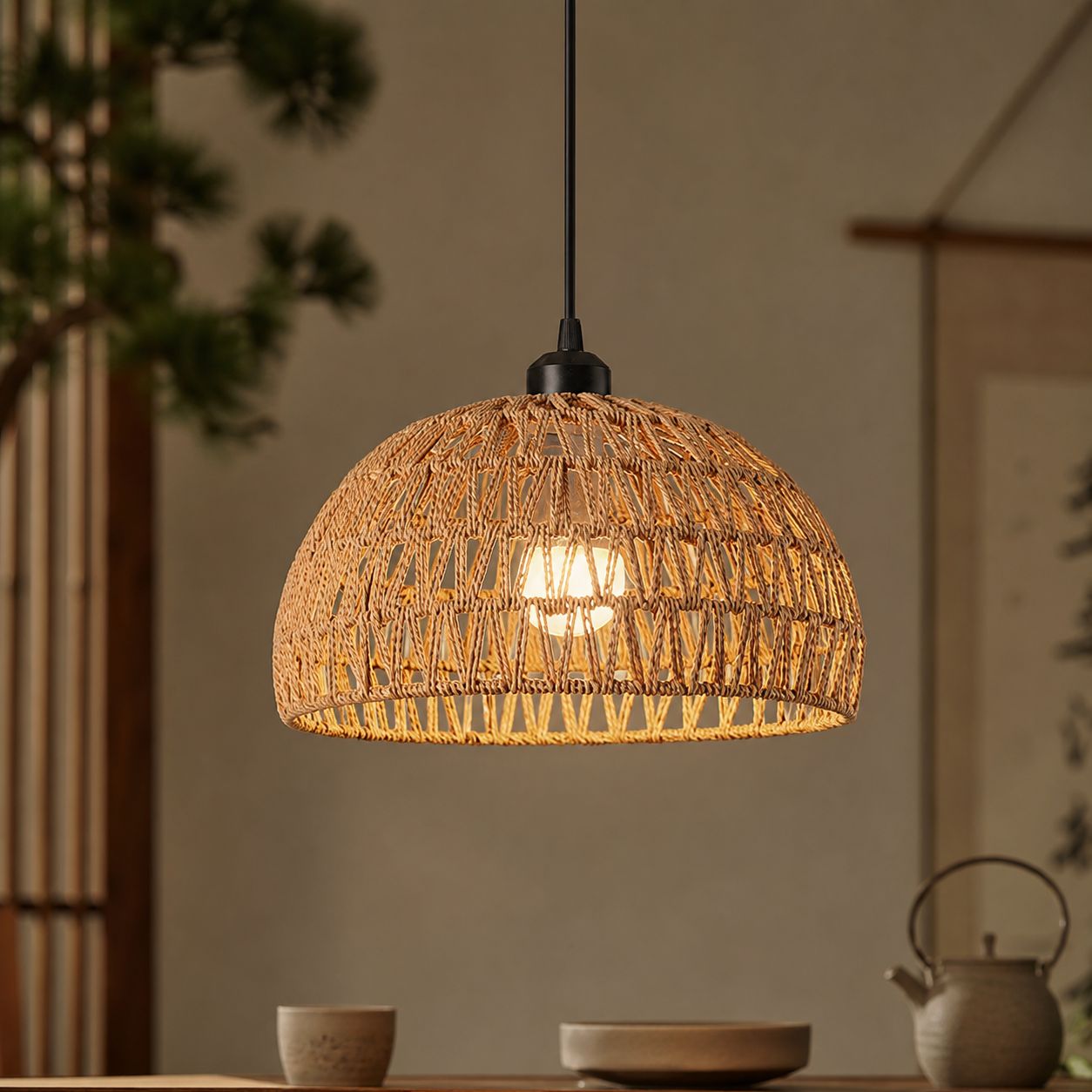 Vintage-hängeleuchte Aus Papierseil, Lampenschirm Aus Gewebtem Stroh Im Zen-stil, Ideal Für Wohnzimmer, Teekanne