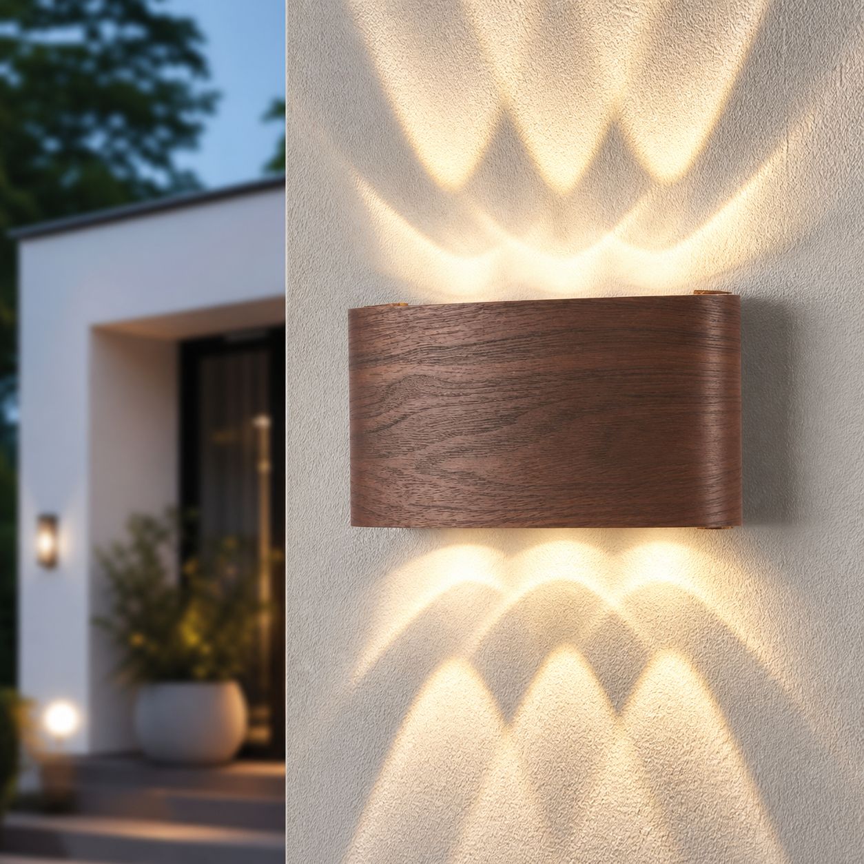 Doppelköpfige Led-wandleuchte, Ip54 Wasserdicht, Walnussholz-finish, Kreatives Design, Innen-/außenbeleuchtung Für Gärten Und Terrassen