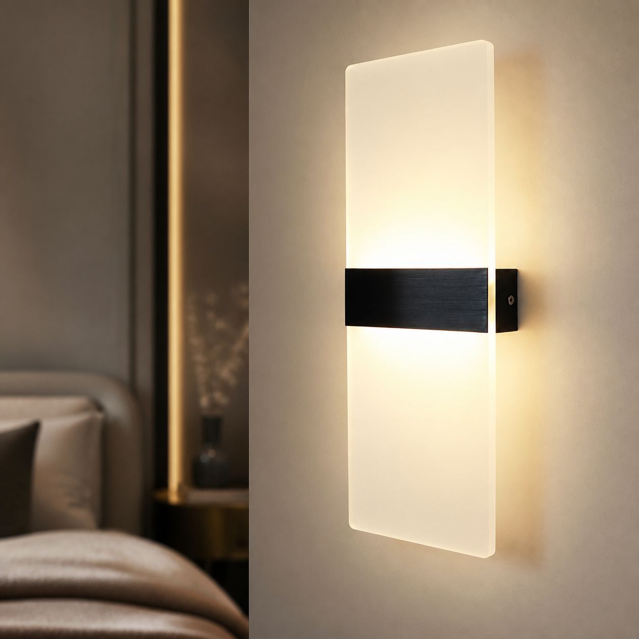 Moderne 10-w-led-wandleuchte, Acrylschirm Und Gehäuse Aus Gebürstetem, Schwarzem Aluminium, 40 X 15 Cm, 3-farbige Beleuchtung Für Schlafzimmer Und Flur