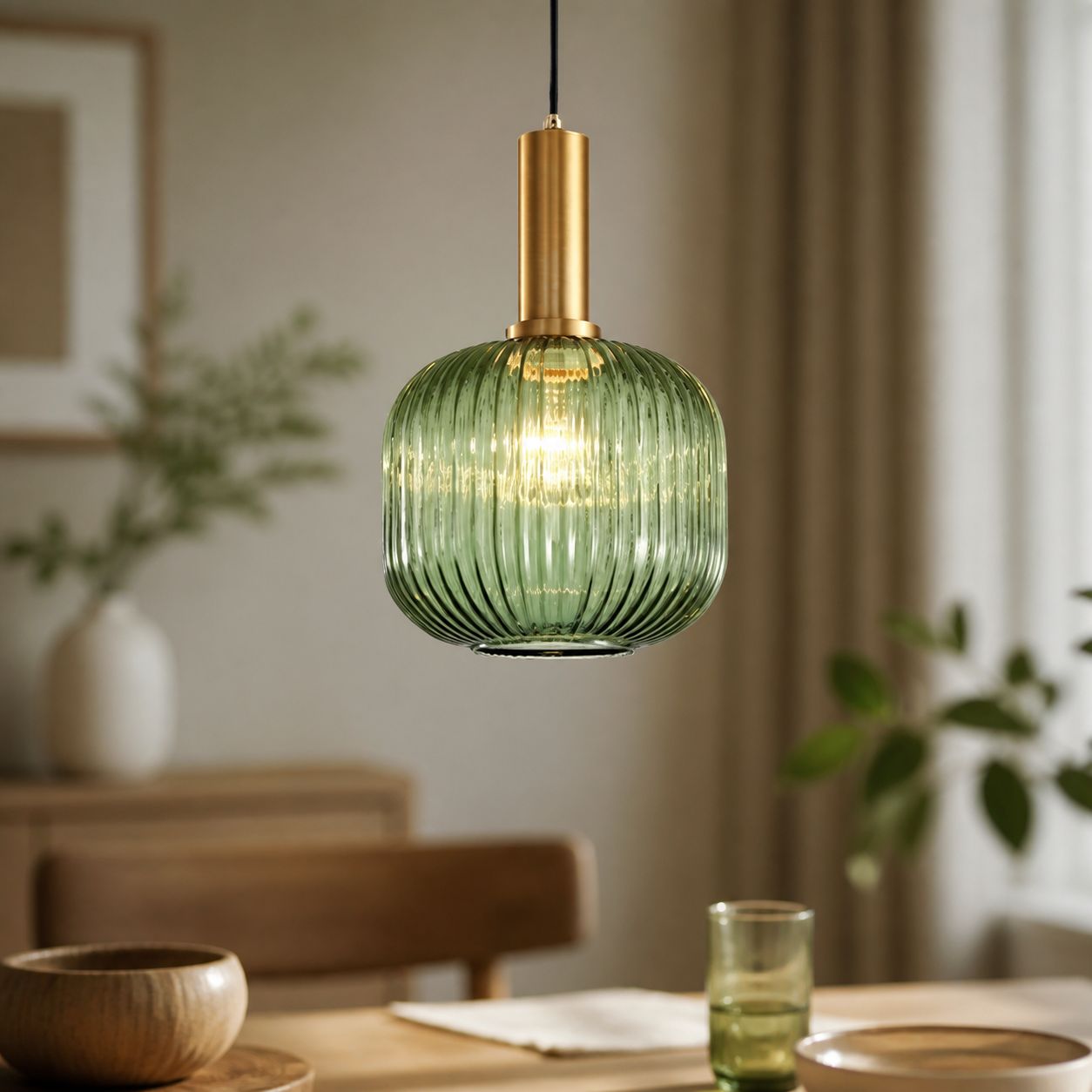 Smaragdgrüne Pendelleuchte Aus Geripptem Glas Und Messing, Minimalistisches Design Im Macaron-stil, Schirm 20 X 30 Cm, E27-fassung Für Den Innenbereich