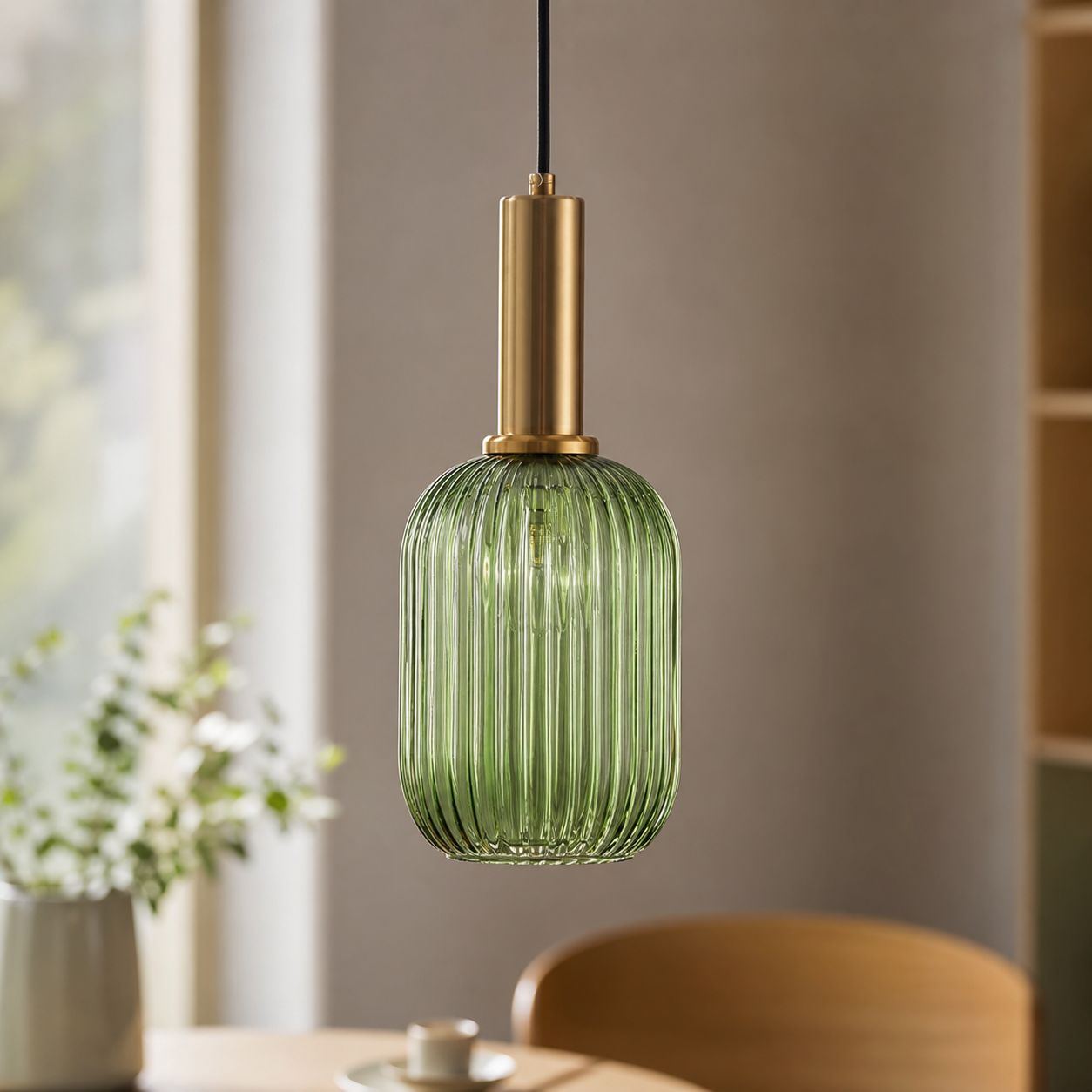 Smaragdgrüne Pendelleuchte Aus Geripptem Glas Und Messing, Kreativer Minimalistischer Stil Für Ess- Oder Wohnzimmer, E27, D13xh32cm