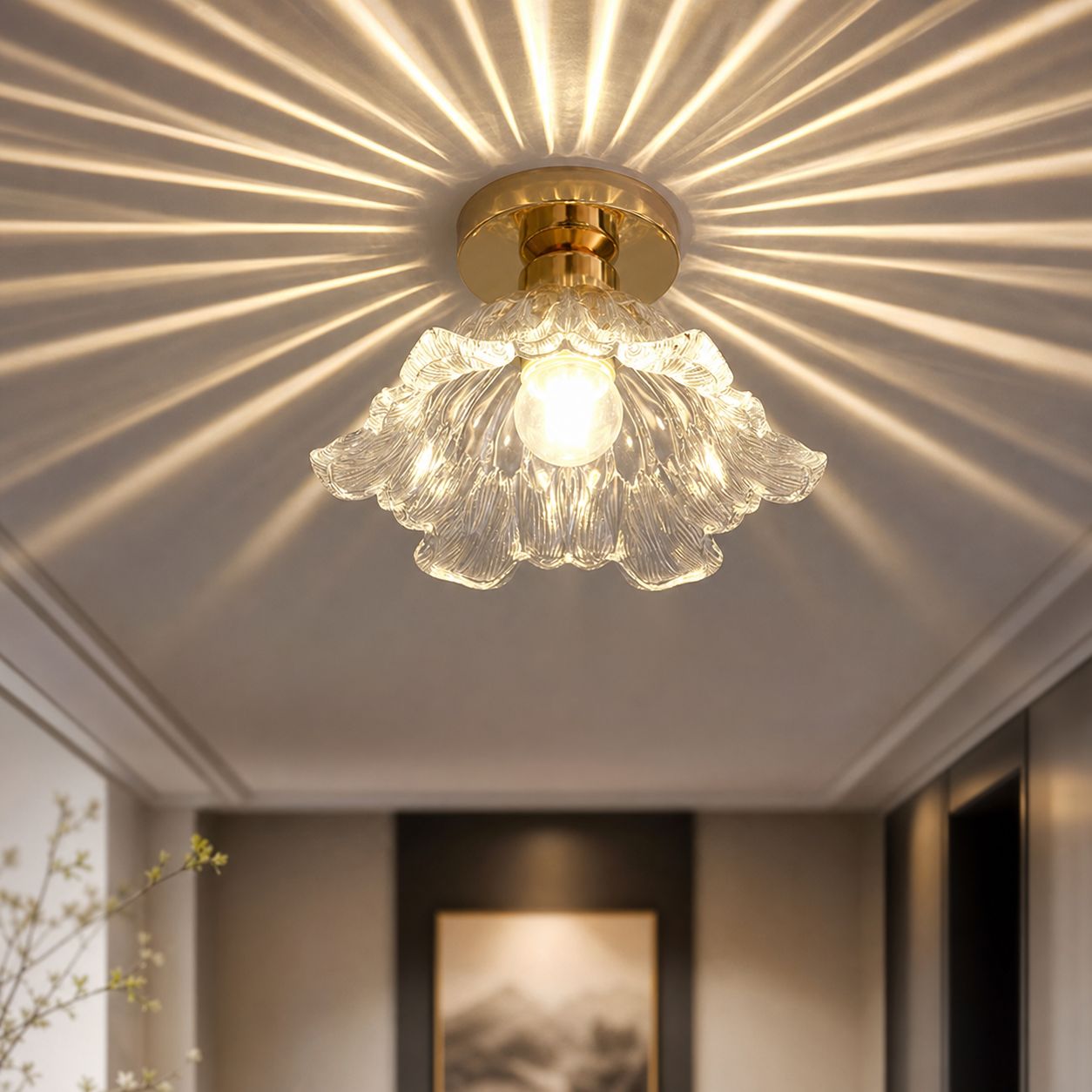Blütenförmige Deckenleuchte Aus Glas Und Messing, 3 Lichtfarben: Warmweiß Und Neutralweiß, Elegantes Design Für Eingangsbereich, Flur Und Balkon, Durchmesser 20,5 Cm